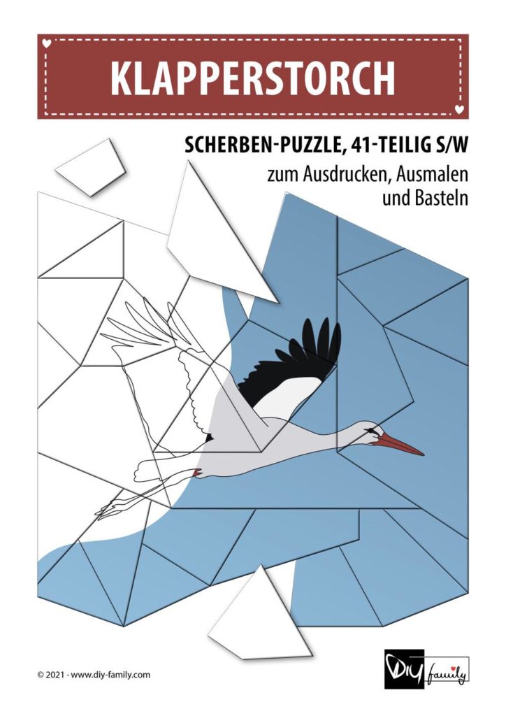 Klapperstorch – Scherben-Puzzle zum Ausdrucken, Ausschneiden und Ausmalen