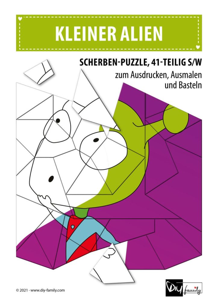 Kleiner Alien – Scherben-Puzzle zum Ausdrucken, Ausschneiden und Ausmalen