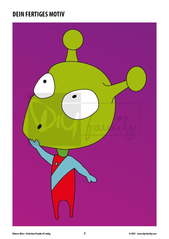 Kleiner Alien – Scherben-Puzzle zum Ausdrucken, Ausschneiden und Ausmalen
