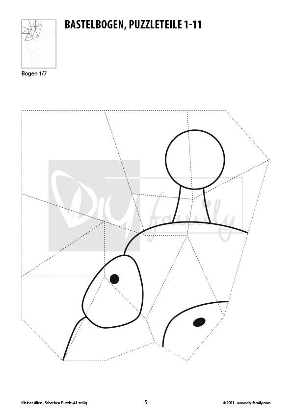 Kleiner Alien – Scherben-Puzzle zum Ausdrucken, Ausschneiden und Ausmalen