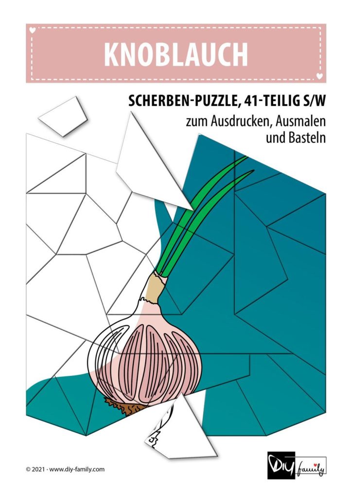 Knoblauch – Scherben-Puzzle zum Ausdrucken, Ausschneiden und Ausmalen