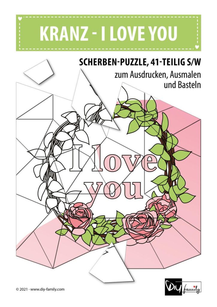 Kranz „I Love You“ – Scherben-Puzzle zum Ausdrucken, Ausschneiden und Ausmalen
