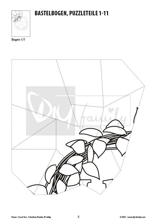 Kranz „I Love You“ – Scherben-Puzzle zum Ausdrucken, Ausschneiden und Ausmalen