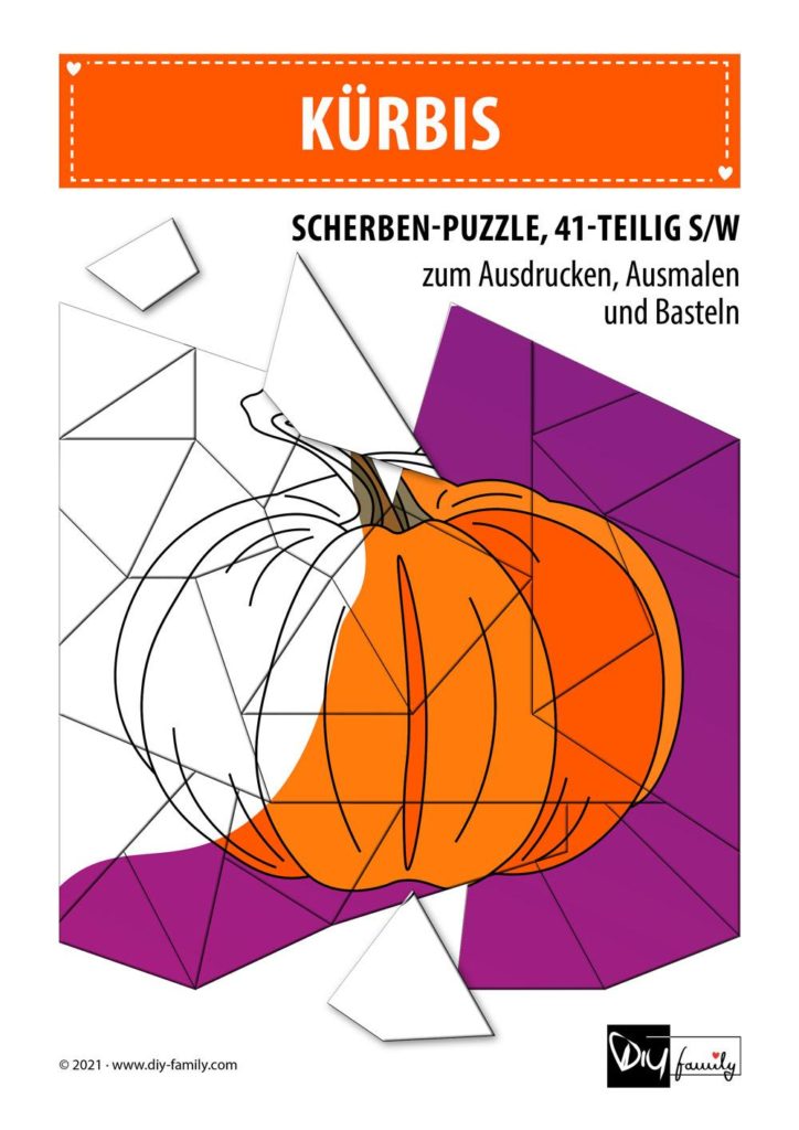 Kürbis – Scherben-Puzzle zum Ausdrucken, Ausschneiden und Ausmalen