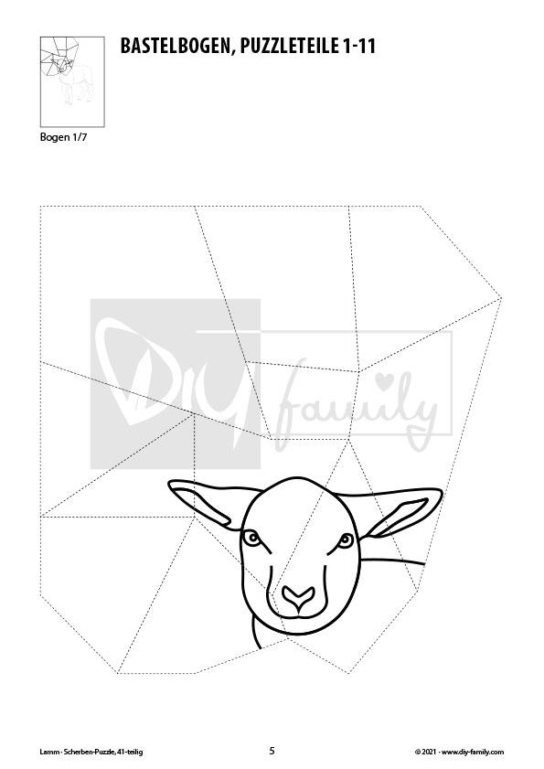Lamm – Scherben-Puzzle zum Ausdrucken, Ausschneiden und Ausmalen