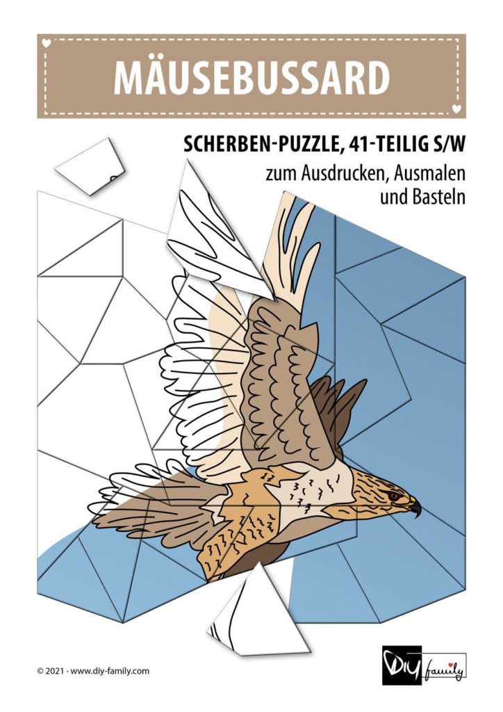 Mäusebussard – Scherben-Puzzle zum Ausdrucken, Ausschneiden und Ausmalen