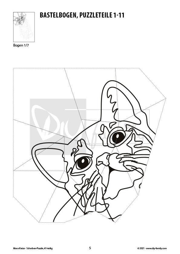 Manx Katze – Scherben-Puzzle zum Ausdrucken, Ausschneiden und Ausmalen