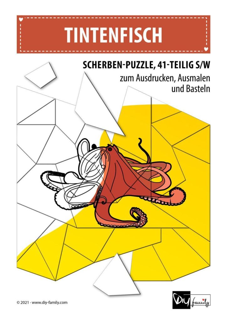 Tintenfisch – Scherben-Puzzle zum Ausdrucken, Ausschneiden und Ausmalen