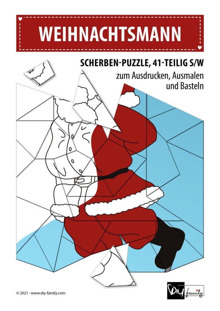 Weihnachtsmann – Scherben-Puzzle zum Ausdrucken, Ausschneiden und Ausmalen