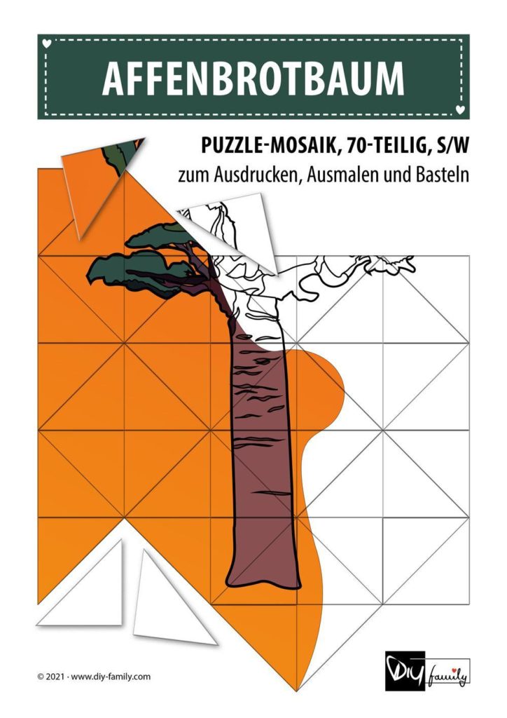 Affenbrotbaum – Mosaikpuzzle zum Ausschneiden und Ausmalen