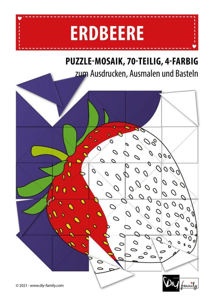 Erdbeere – Mosaikpuzzle zum Ausschneiden und Ausmalen