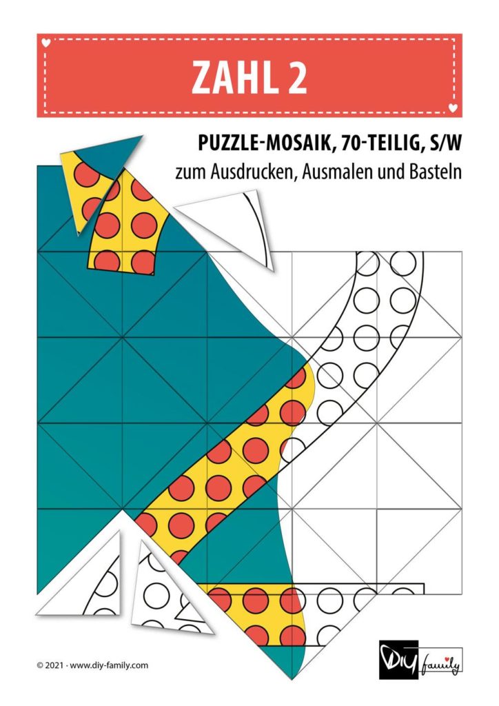 Gepunktete Zahlen 2 – Mosaikpuzzle zum Ausschneiden und Ausmalen