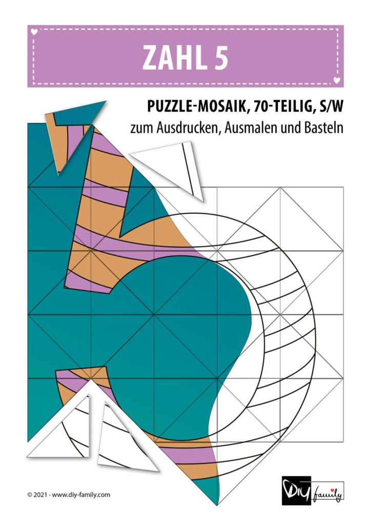 Gestreifte Zahlen 5 – Mosaikpuzzle zum Ausschneiden und Ausmalen