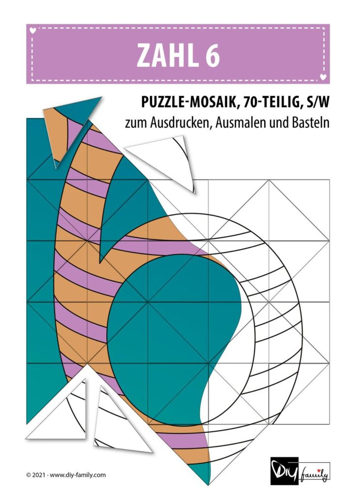 Gestreifte Zahlen 6 – Mosaikpuzzle zum Ausschneiden und Ausmalen