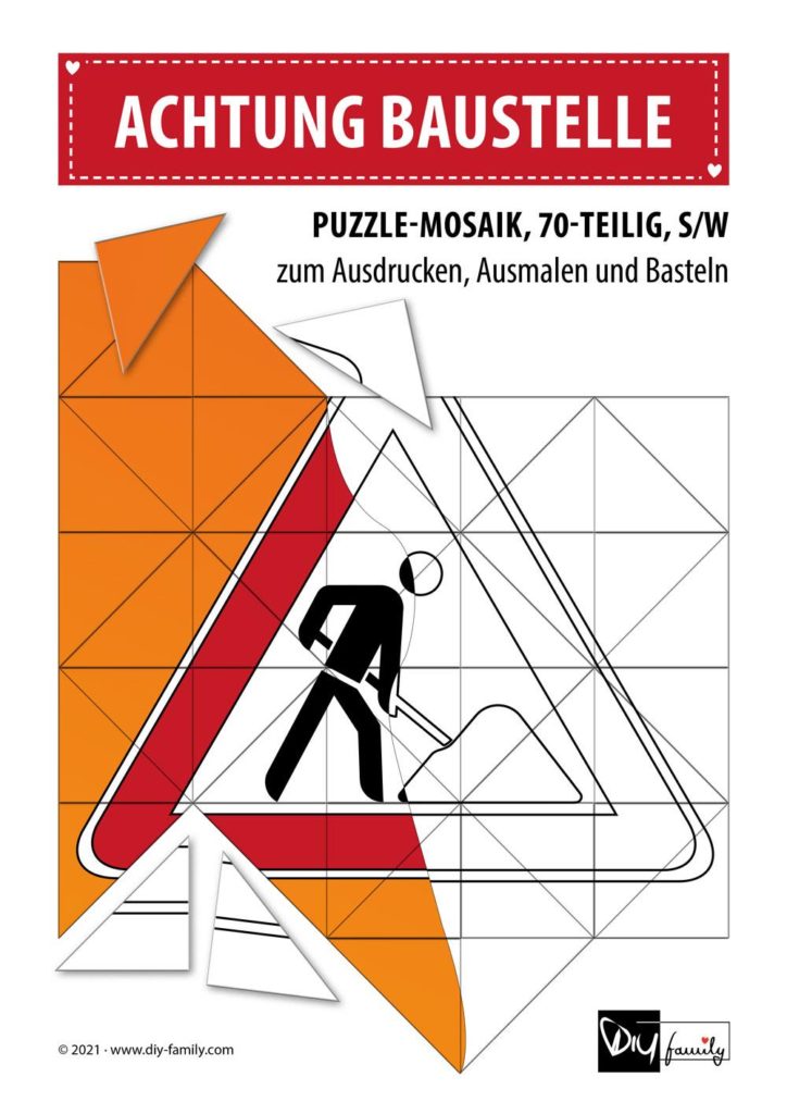 Achtung Baustelle – Mosaikpuzzle zum Ausschneiden und Ausmalen
