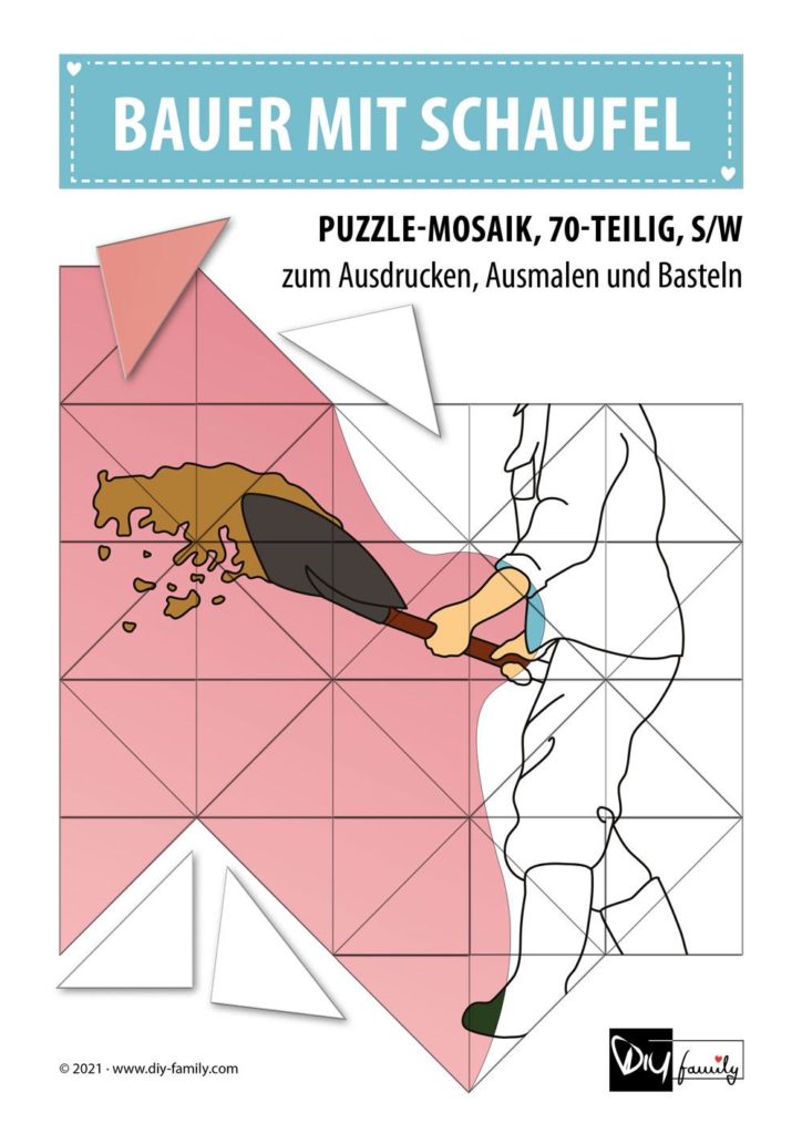Bauer mit Schaufel – Mosaikpuzzle zum Ausschneiden und Ausmalen