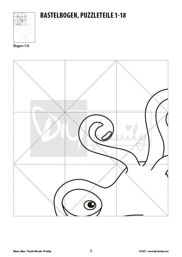 Blauer Alien – Mosaikpuzzle zum Ausschneiden und Ausmalen