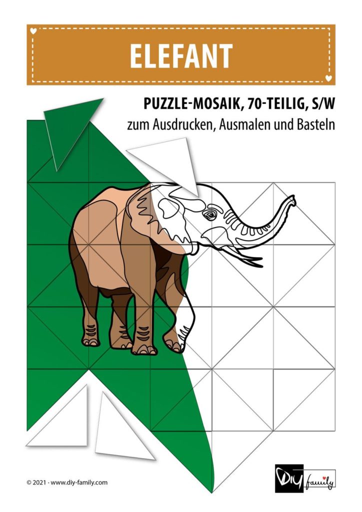 Elefant – Mosaikpuzzle zum Ausschneiden und Ausmalen