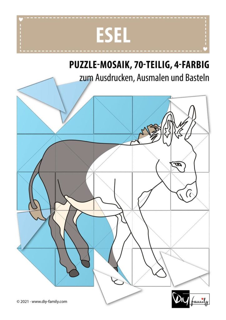 Esel – Mosaikpuzzle zum Ausschneiden und Ausmalen