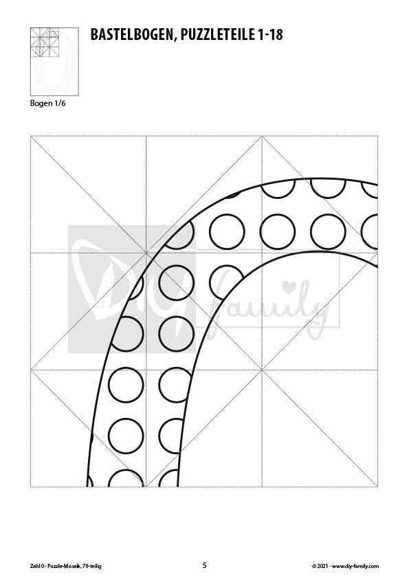 Gepunktete Zahlen 0 – Mosaikpuzzle zum Ausschneiden und Ausmalen
