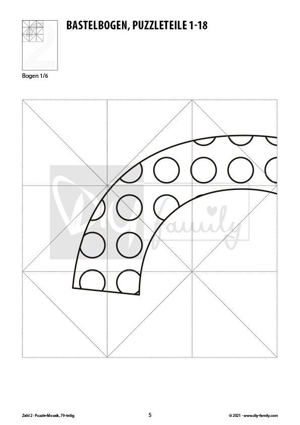 Gepunktete Zahlen 2 – Mosaikpuzzle zum Ausschneiden und Ausmalen