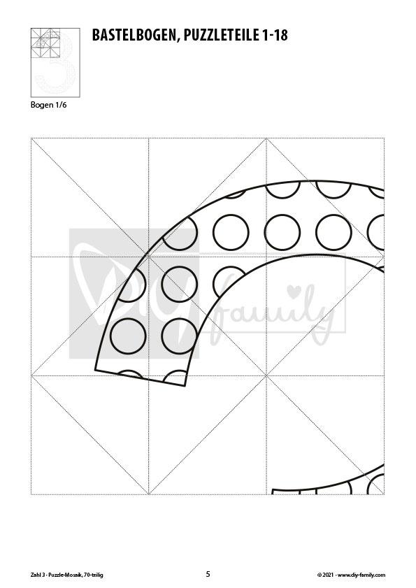 Gepunktete Zahlen 3 – Mosaikpuzzle zum Ausschneiden und Ausmalen