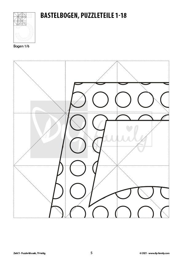 Gepunktete Zahlen 5 – Mosaikpuzzle zum Ausschneiden und Ausmalen