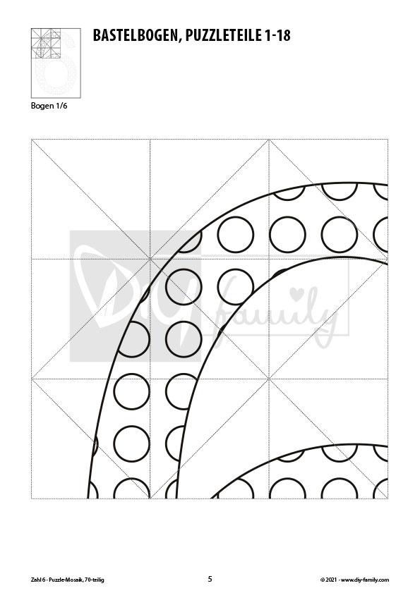Gepunktete Zahlen 6 – Mosaikpuzzle zum Ausschneiden und Ausmalen