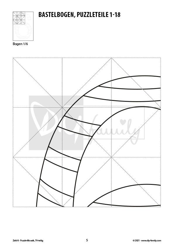Gestreifte Zahlen 6 – Mosaikpuzzle zum Ausschneiden und Ausmalen