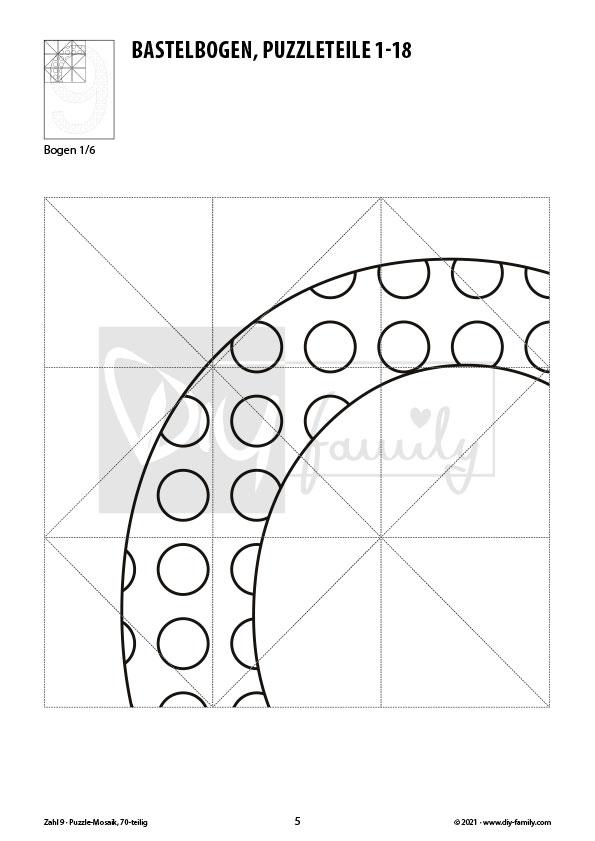 Gepunktete Zahlen 9 – Mosaikpuzzle zum Ausschneiden und Ausmalen