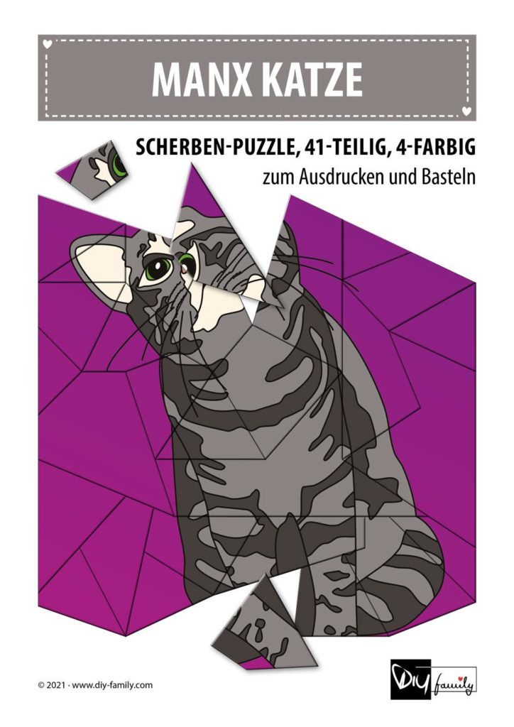 Manx Katze – Scherben-Puzzle zum Ausdrucken und Ausschneiden