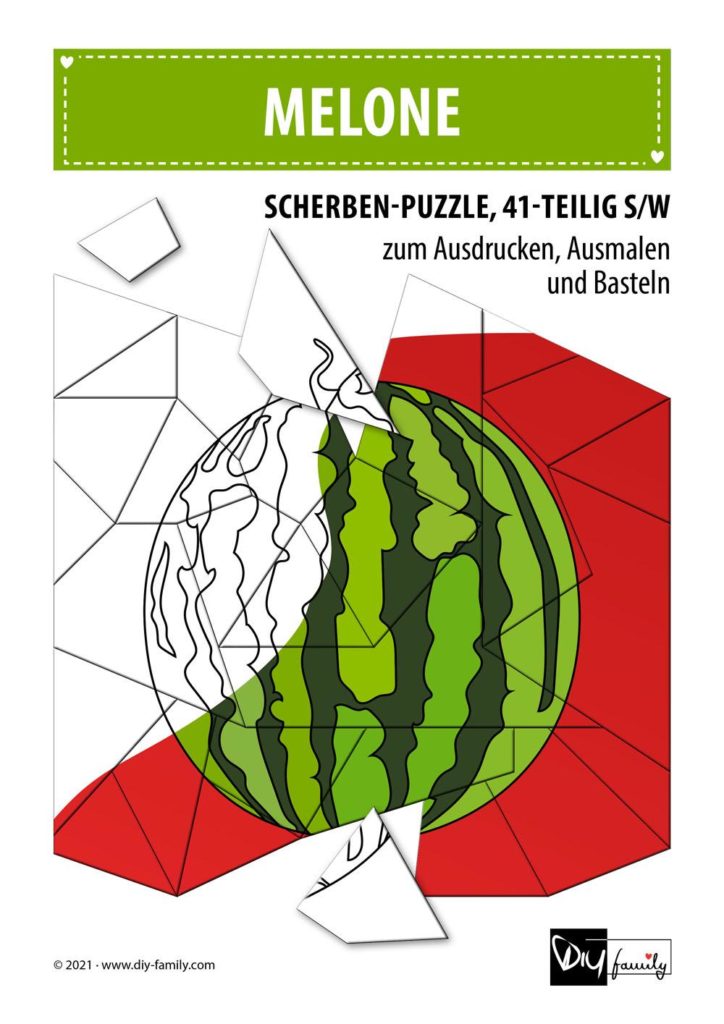 Melone – Scherben-Puzzle zum Ausdrucken, Ausschneiden und Ausmalen