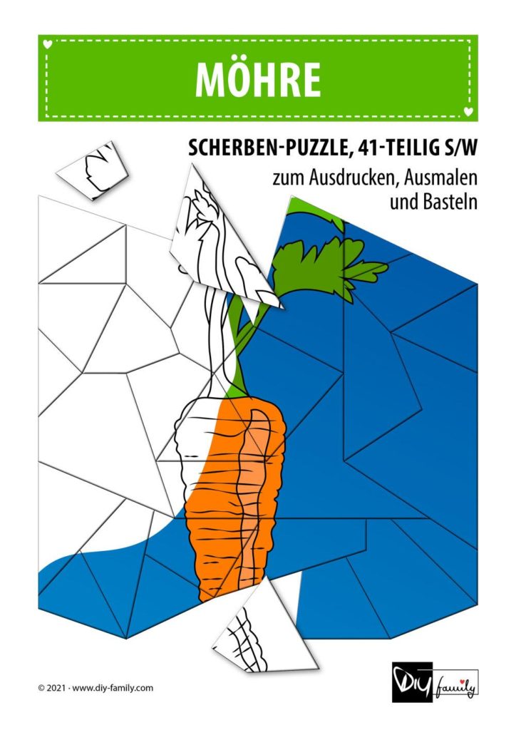 Möhre – Scherben-Puzzle zum Ausdrucken, Ausschneiden und Ausmalen