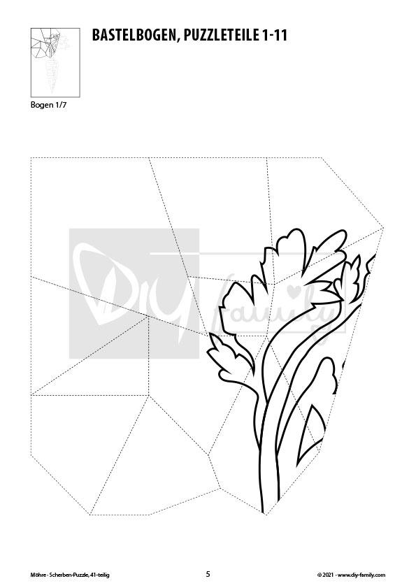 Möhre – Scherben-Puzzle zum Ausdrucken, Ausschneiden und Ausmalen