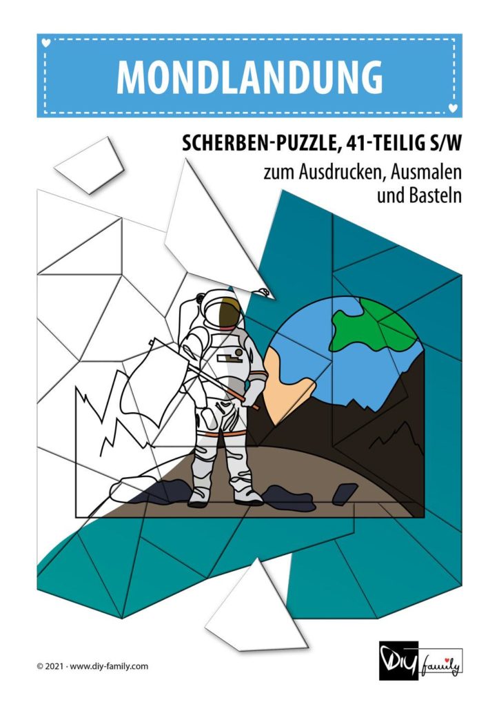 Mondlandung – Scherben-Puzzle zum Ausdrucken, Ausschneiden und Ausmalen