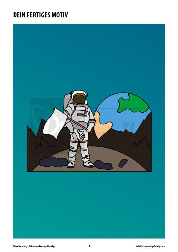Mondlandung – Scherben-Puzzle zum Ausdrucken, Ausschneiden und Ausmalen