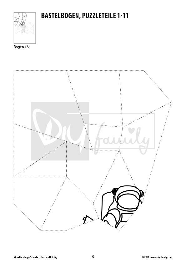 Mondlandung – Scherben-Puzzle zum Ausdrucken, Ausschneiden und Ausmalen