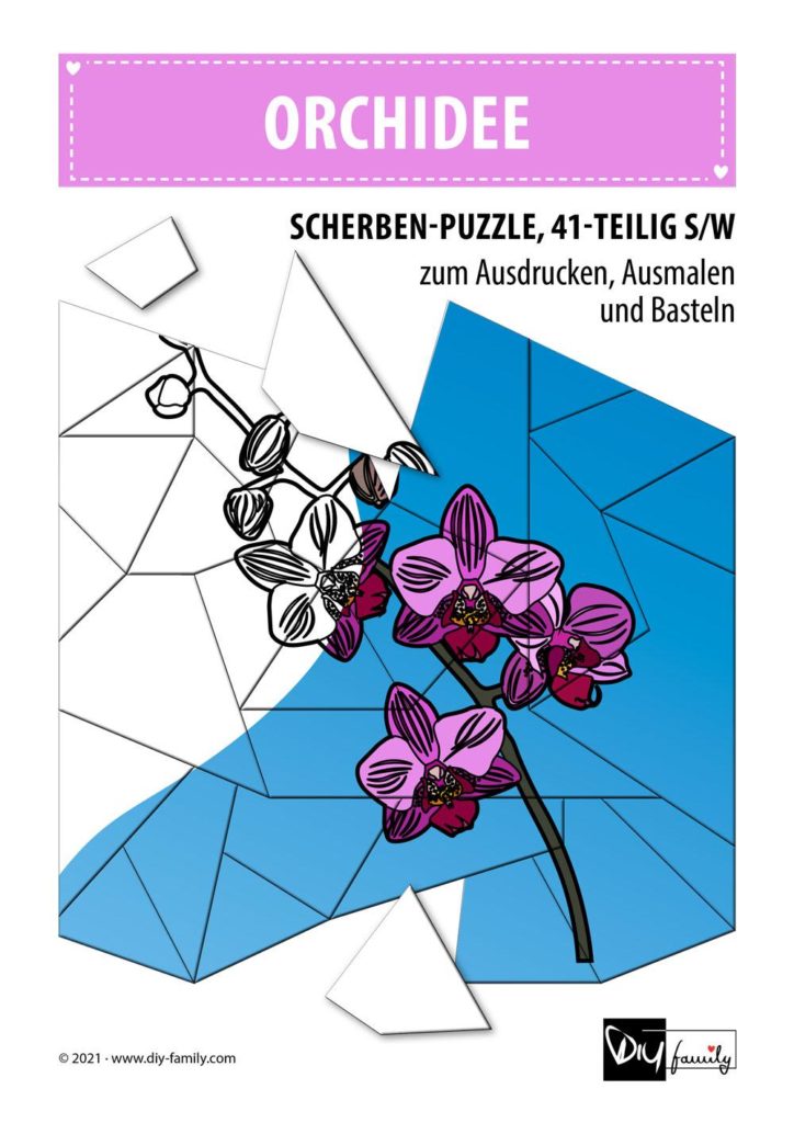 Orchidee – Scherben-Puzzle zum Ausdrucken, Ausschneiden und Ausmalen