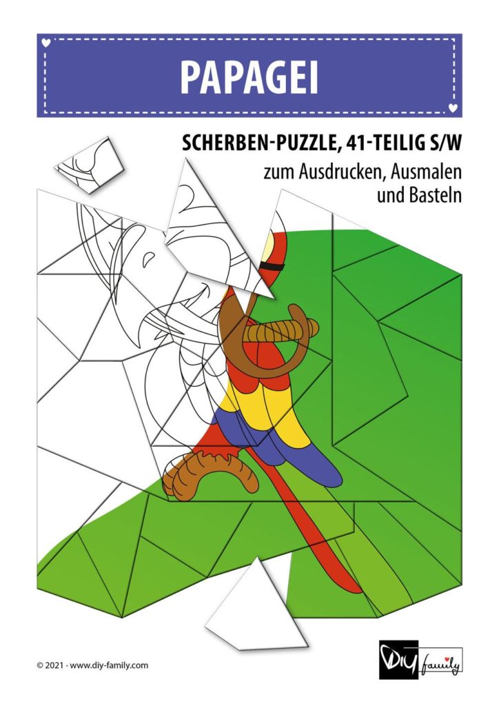 Papagei – Scherben-Puzzle zum Ausdrucken, Ausschneiden und Ausmalen