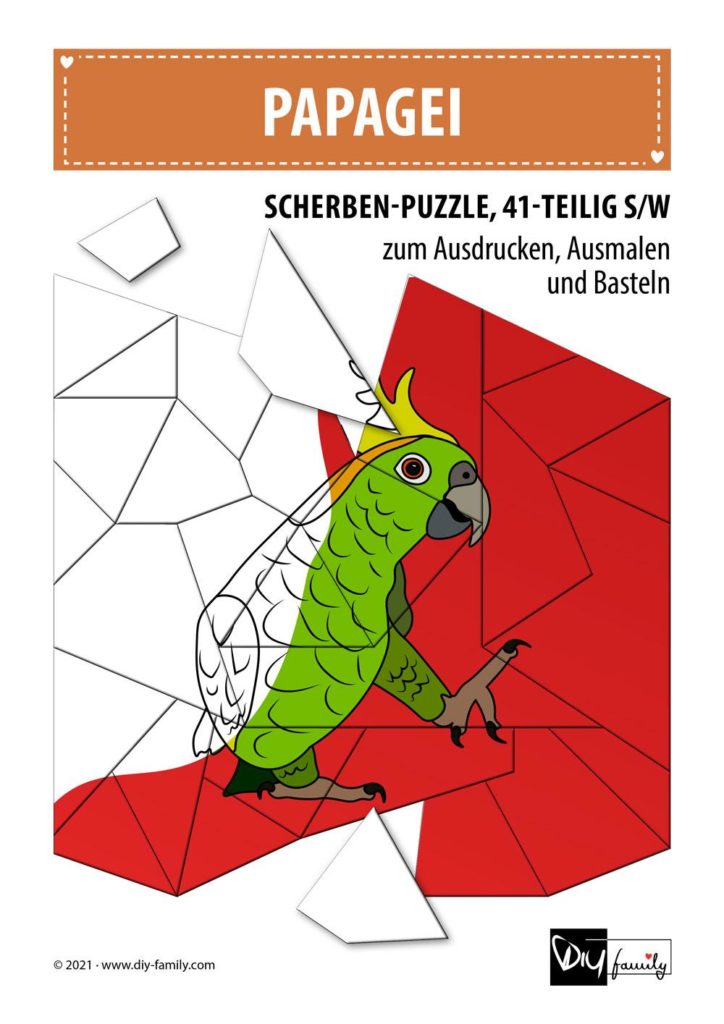 Papagei – Scherben-Puzzle zum Ausdrucken, Ausschneiden und Ausmalen