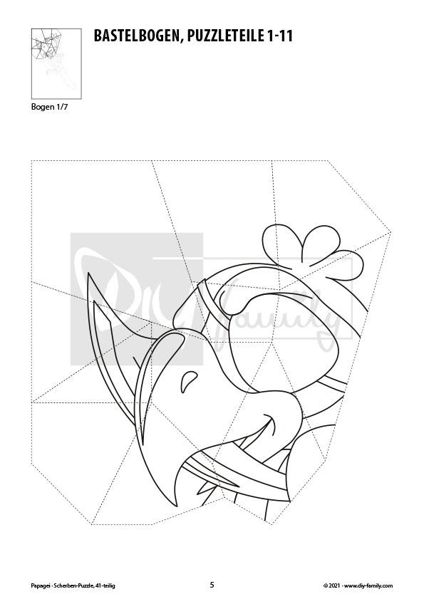 Papagei – Scherben-Puzzle zum Ausdrucken, Ausschneiden und Ausmalen