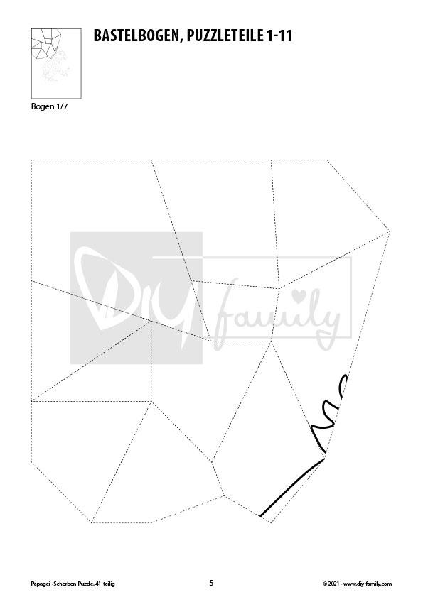 Papagei – Scherben-Puzzle zum Ausdrucken, Ausschneiden und Ausmalen