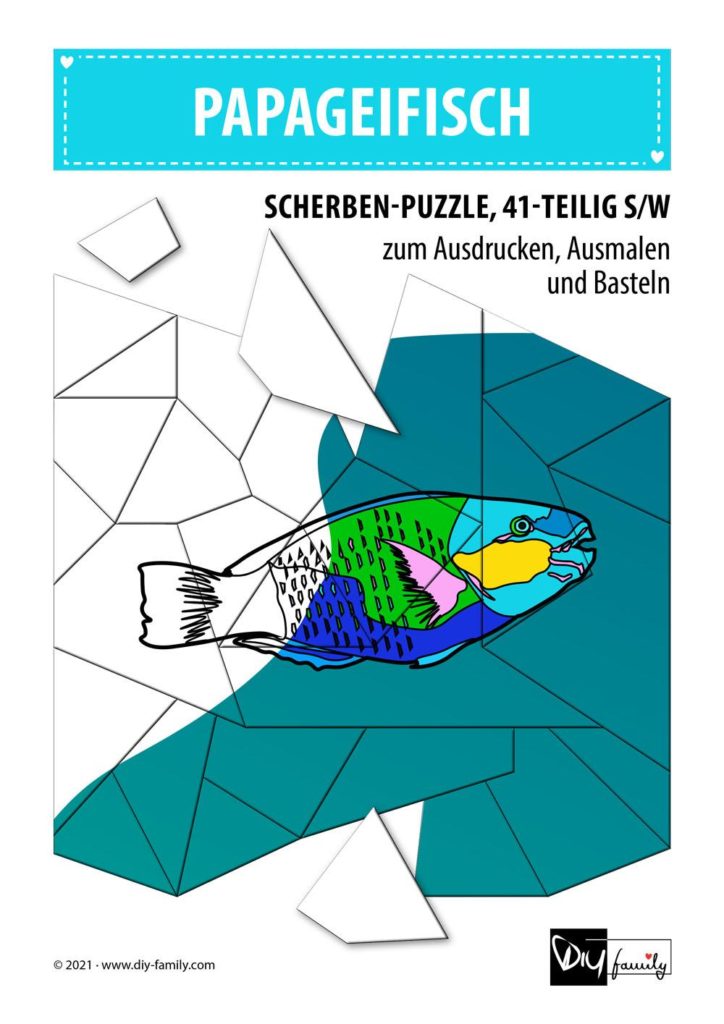 Papageifisch – Scherben-Puzzle zum Ausdrucken, Ausschneiden und Ausmalen