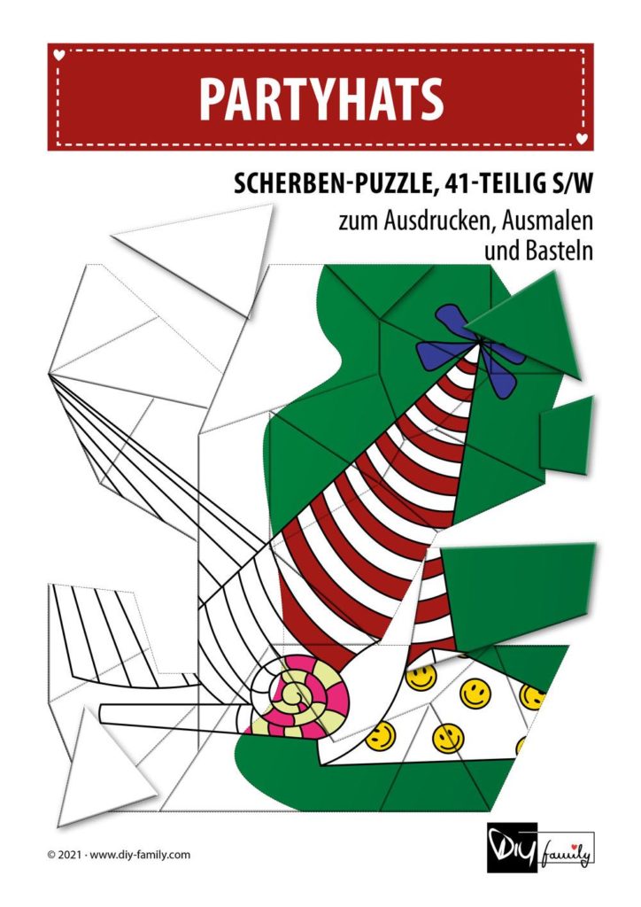 Partyhats – Scherben-Puzzle zum Ausdrucken, Ausschneiden und Ausmalen