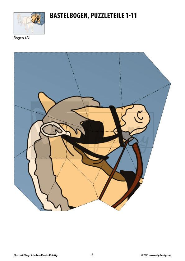 Pferd mit Pflug – Scherben-Puzzle zum Ausdrucken und Ausschneiden