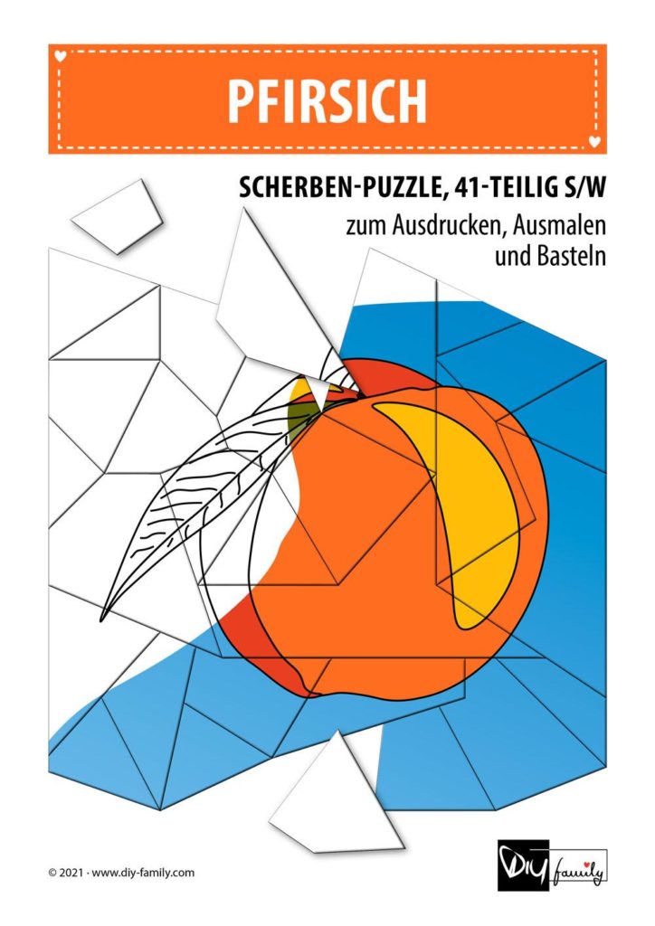 Pfirsich – Scherben-Puzzle zum Ausdrucken, Ausschneiden und Ausmalen