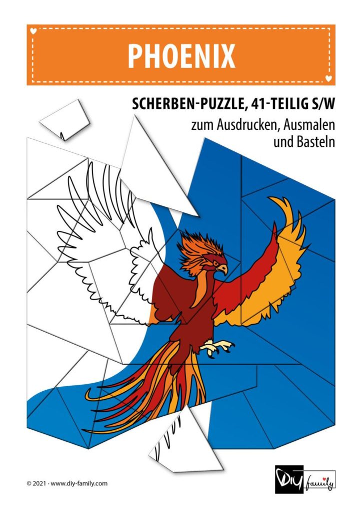 Phoenix – Scherben-Puzzle zum Ausdrucken, Ausschneiden und Ausmalen