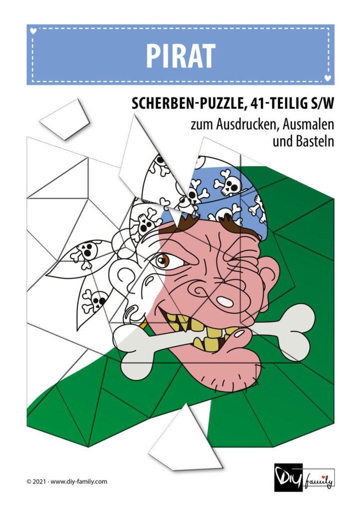 Pirat – Scherben-Puzzle zum Ausdrucken, Ausschneiden und Ausmalen