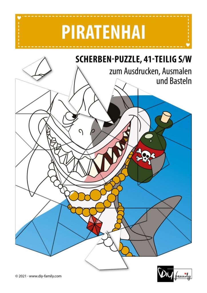 Piratenhai – Scherben-Puzzle zum Ausdrucken, Ausschneiden und Ausmalen