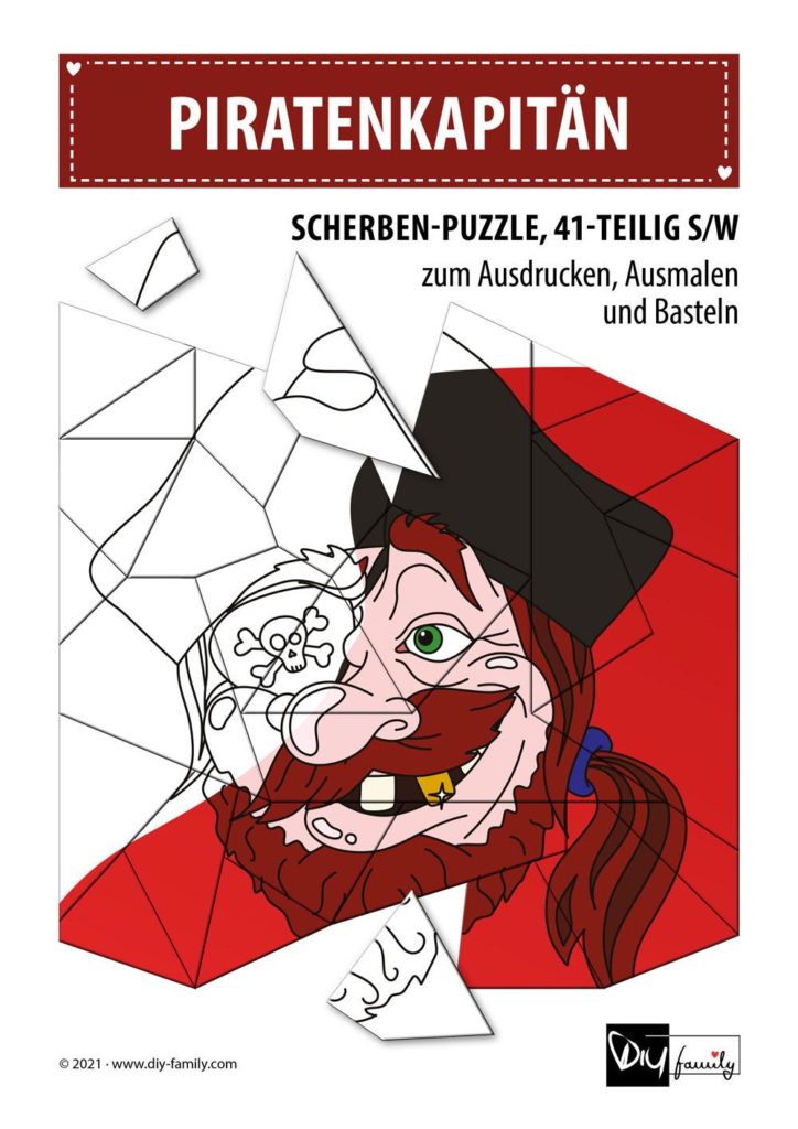 Piratenkapitän – Scherben-Puzzle zum Ausdrucken, Ausschneiden und Ausmalen